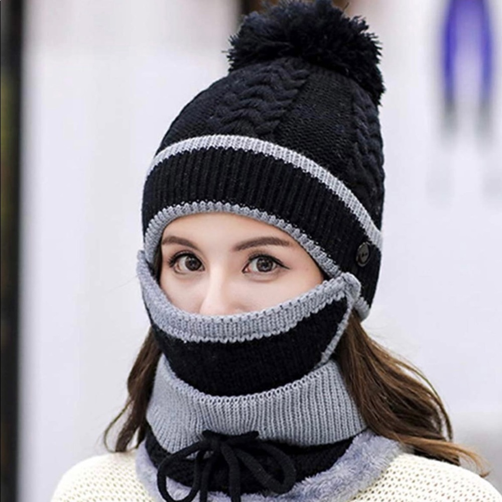 COPY - COPY - 4pcs woman winter knitted beanie hat warm set cute Pom Pom scarf,…